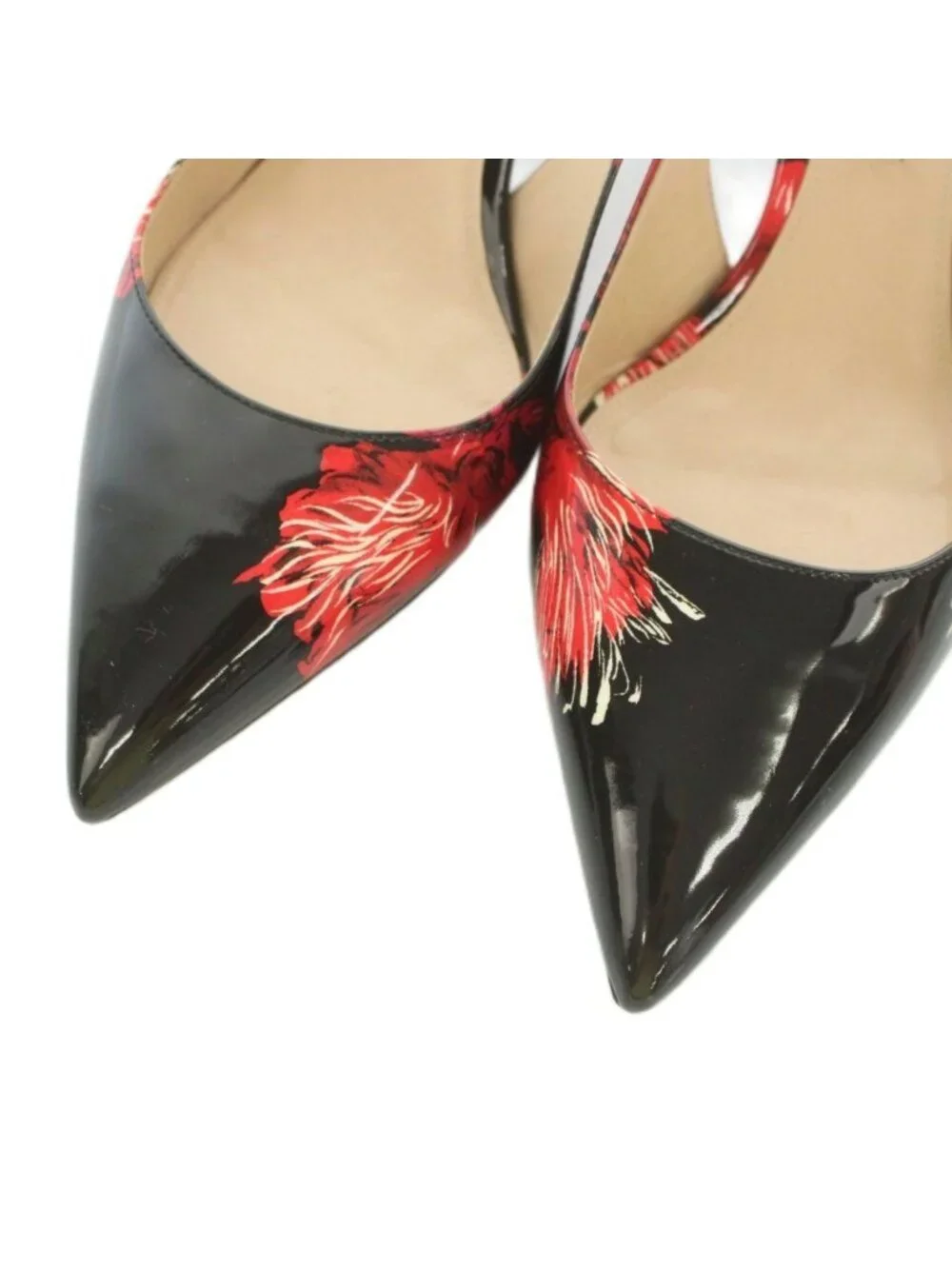 Prada Flower Design Slingback Pumps Pointed Toe Patent Black Red Heel